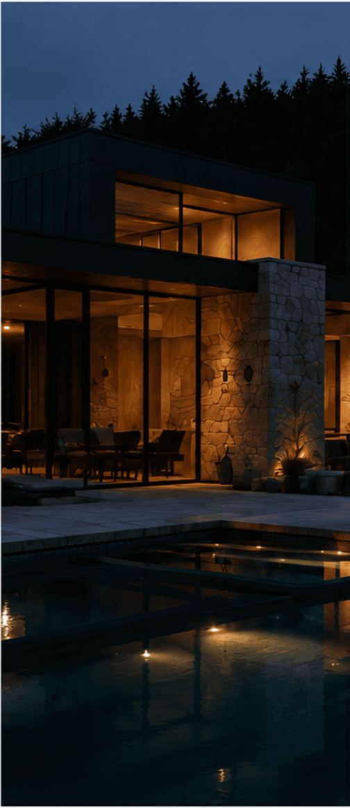 Modern architecture illuminated at dusk