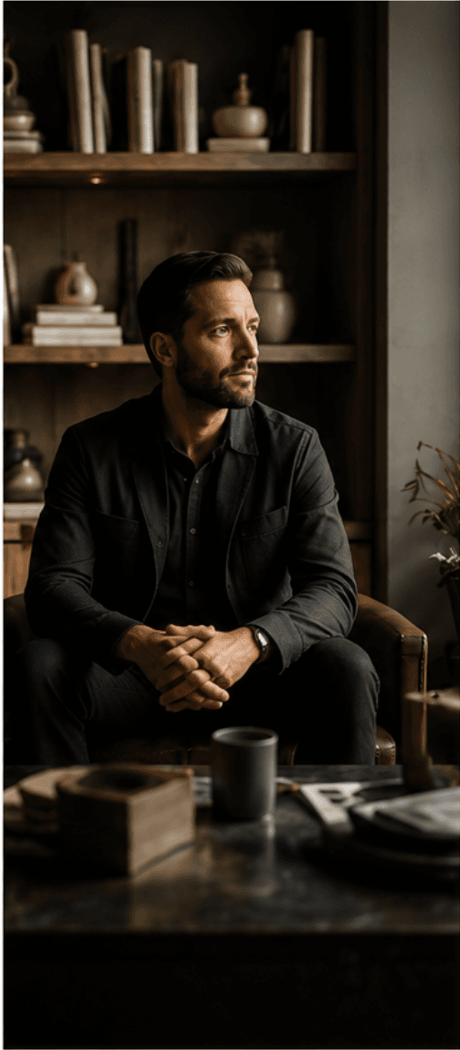 Business founder seated in a designed interior
