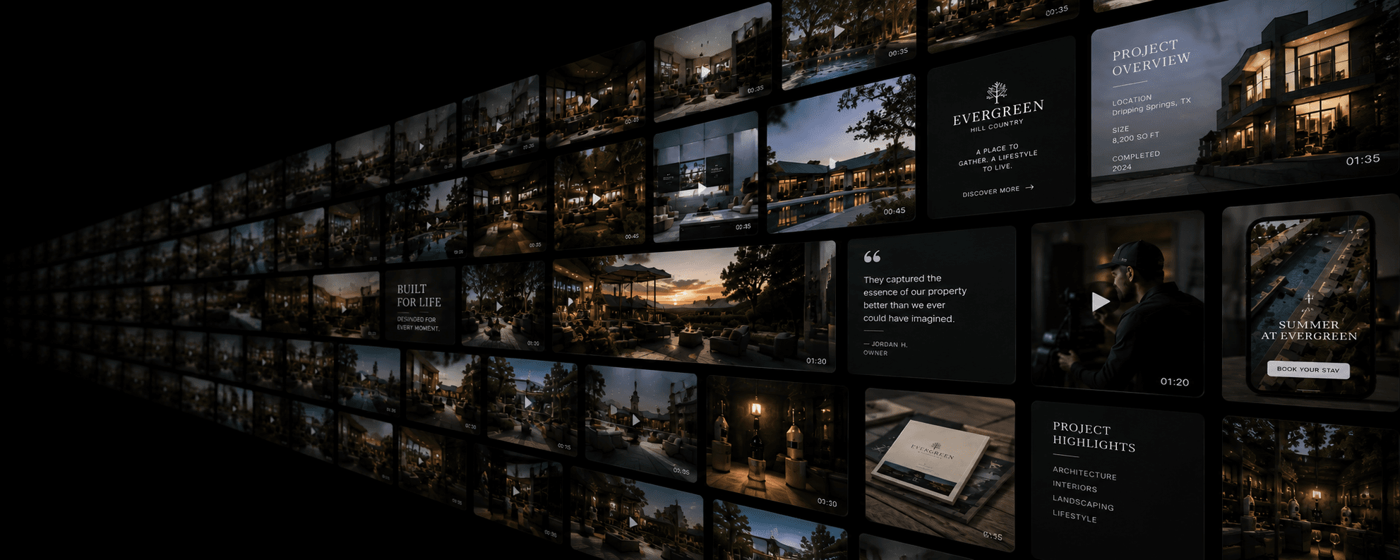 A perspective wall of finished films, photography and campaign creative